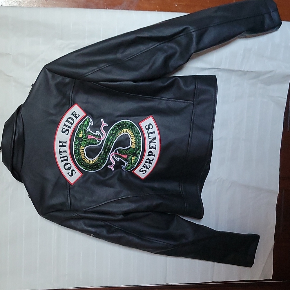 Hot Topic Black Leather Jacket with Green and Red Serpent Design